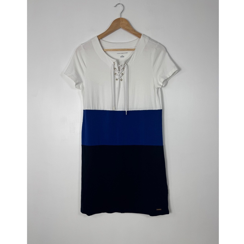 Nautical Tommy Hilfiger Womens PM T-Shirt Dress Blue White Colorblock Lace Up